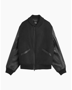 adidas Y3 Letterman Jacket Full Zip Leather Sleeve Bomber Jacket - Black