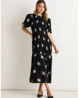 Gini London 3/4 Sleeves Paisley Ruched Midi Dress - Black