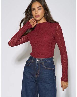 Gini London Burgundy High Neck Jersey Lace Long Sleeve Top - Red