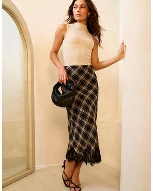 Gini London Mono Elegant Check Contrast Lace Detail Bias Skirt - Multicolour