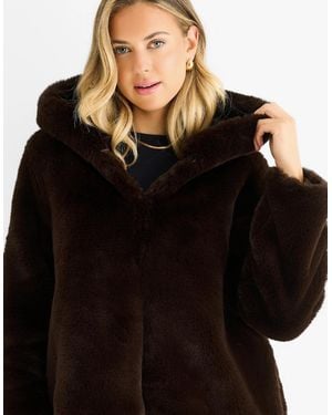 Gini London Chocolate Hooded Long Sleeve Faux Fur Jacket - Black