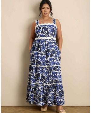 Live Unlimited London Cotton Floral Print Tiered Maxi Dress - Blue