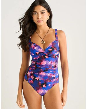Gini London Watercolour Print Ruched Panel Swimsuit - Blue
