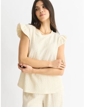 Gini London Ivory Frill Sleeves Textured Oversized Top - Natural