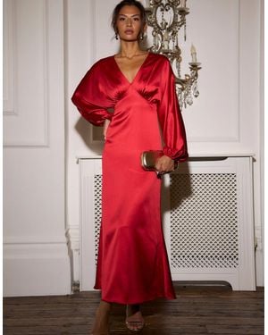 Gini London V Neck Batwing Blouson Sleeves Satin Midaxi Dress - Red