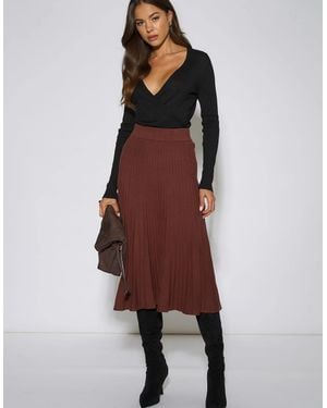 Gini London Pleat Detail Knitted Flared Midi Skirt - Brown
