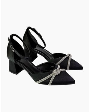 XY London Ladies Sarah Diamante Pointed Mid Block Heel Court Shoes - Black