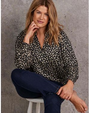 Live Unlimited London Petite Feather Print Nehru Collar Tunic - Grey