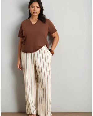 Live Unlimited London Oatmeal Striped Linen Blend Wide Leg Trousers - Natural
