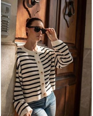 Gini London Cream Stripe Cable Knit Crop Cardigan - Brown