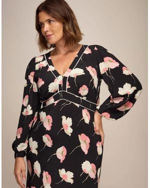 Live Unlimited London Petite Floral Print Empire Midi Dress With Piping Detail - Black