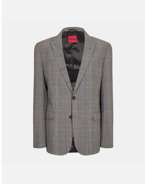 BOSS Plaid Patterned Flap Pocket Lapel Collared Blazer - Grey