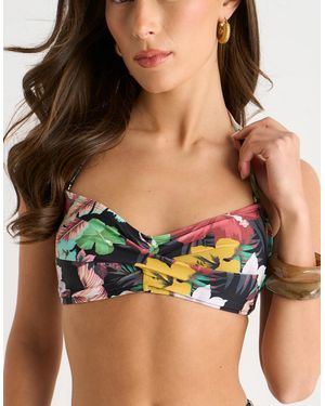 Gini London Multi Tropical Floral Twist Front Bikini Top - Black