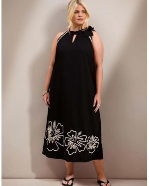 Live Unlimited London Cotton Halterneck Embroidered Floral Maxi Dress - Black