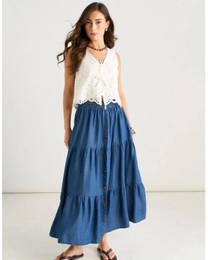 Gini London Chambray Elasticated Button Front Midaxi Skirt - Blue