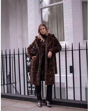Gini London Chocolate Leopard Print Premium Faux Fur Belted Coat - Black