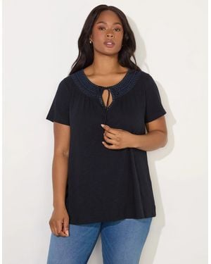 Live Unlimited London Embroidered Shirred Neck Top - Blue