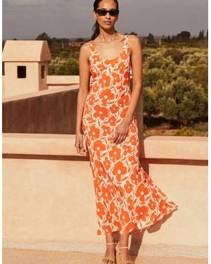 Ro&zo Poppy-Print Scoop-Neck Midi Dress - Orange