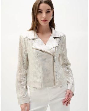 Joseph Ribkoff Faux Suede Foiled Knit Moto Jacket - Natural