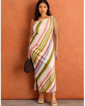 Live Unlimited London Stripe One Shoulder Linen Blend Midaxi Dress - Brown
