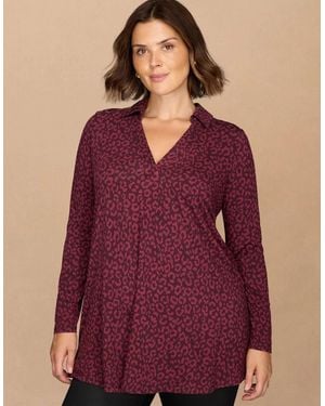Live Unlimited London Burgundy Animal Print Jersey Polo Collar Tunic - Purple