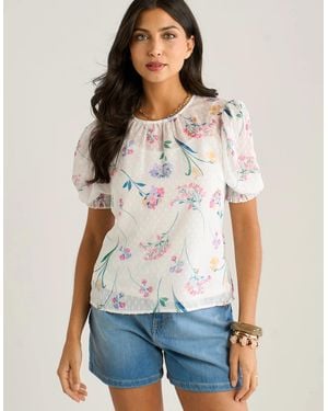 Gini London Off Floral Dobby Chiffon Shirred Cuff Blouse - White