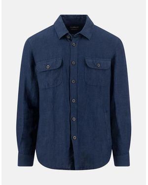 Fynch-Hatton Patch Pocket Herringbone Linen Overshirt - Blue