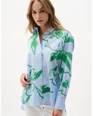 Joseph Ribkoff Cotton Stripe Floral Print Boxy Blouse - Blue