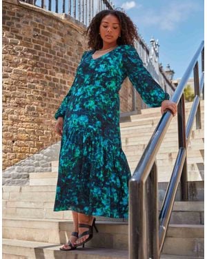 Live Unlimited London Abstract Print Tiered Midaxi Dress - Blue
