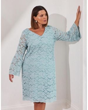 Live Unlimited London Light Lace Dress With Flute Sleeve - Blue