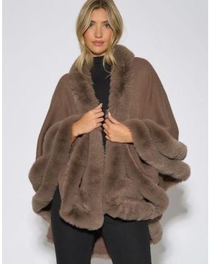 Gini London Double Layer Fur Trim Cape - Brown