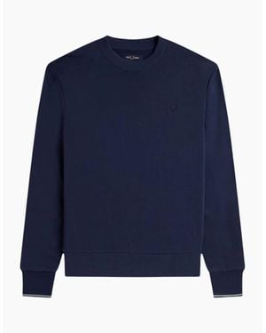 Fred Perry Crew Neck Sweatshirt Embroidered Logo Pullover Cotton - Blue