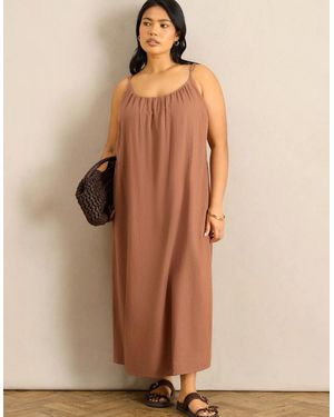 Live Unlimited London Tan Linen Blend Bobble Trim Maxi Dress - Natural