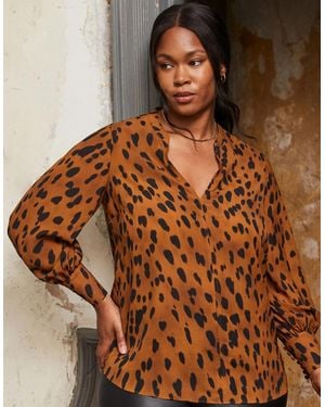 Live Unlimited London Animal Print Nehru Collar Blouse - Brown