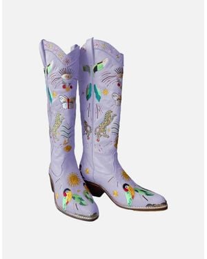 Oceanus Willow Embroidered Leather Boots - Blue