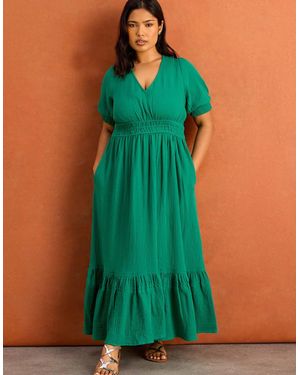 Live Unlimited London Cheesecloth V Neck Maxi Dress - Green