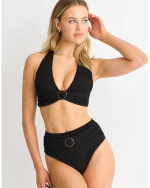 Gini London Textured High Waisted Bottoms With Ring Belt Detail - Black