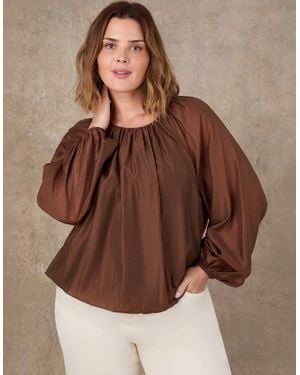 Live Unlimited London Blouson Sleeve Lyocell Rich Boho Blouse - Brown