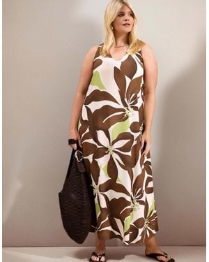 Live Unlimited London Floral Print Sleeveless V Neck Dress - Brown