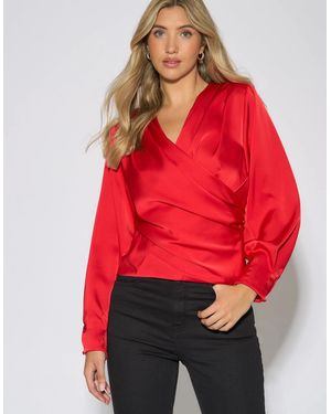Gini London Satin Pleat Shoulder Wrap Top - Red