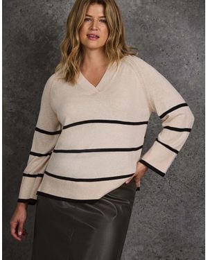 Live Unlimited London And Stripe V Neck Jumper - Grey