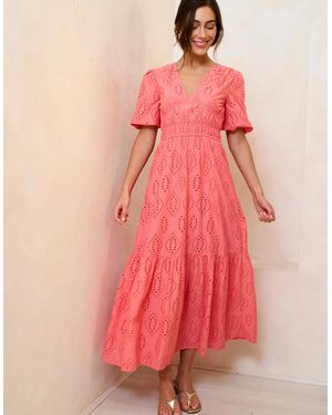 Gini London Coral Diamond Cutwork V Neck Broderie Dress - Pink