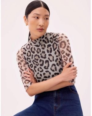 Ro&zo Leopard Print Mesh Top - Grey