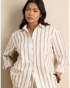 Live Unlimited London Oatmeal Striped Linen Blend Long Sleeve Shirt - Natural