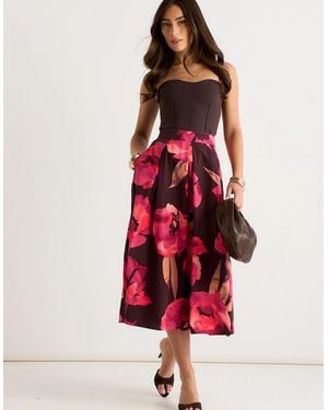 Gini London Large Floral Box Pleat Midi Skirt - Red
