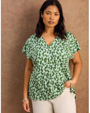 Live Unlimited London Ditsy V Neck Jersey Top - Green