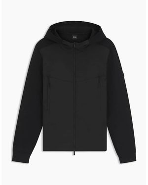BOSS Solid Patterned Hooded Ribbed Cuff Rain Jacket With Logo Badge - Black