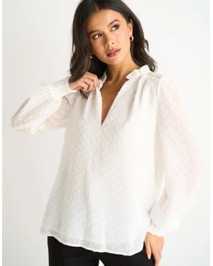 Gini London Dobby Chiffon Frill Neck Blouse - White