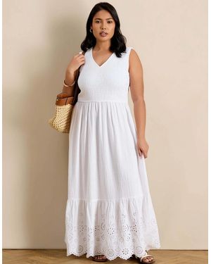 Live Unlimited London Cheesecloth Shirred Bodice Broderie Hem Maxi Dress - Natural