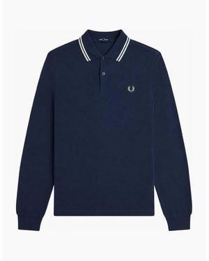 Fred Perry Long Sleeve Twin Tipped Polo Shirt Dark Airforce/Ecru/Seagrass - Blue